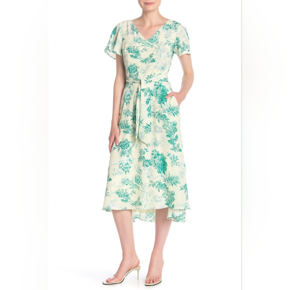 Tahari ASL Floral toile flutter sleeve midi dress 8 NWT